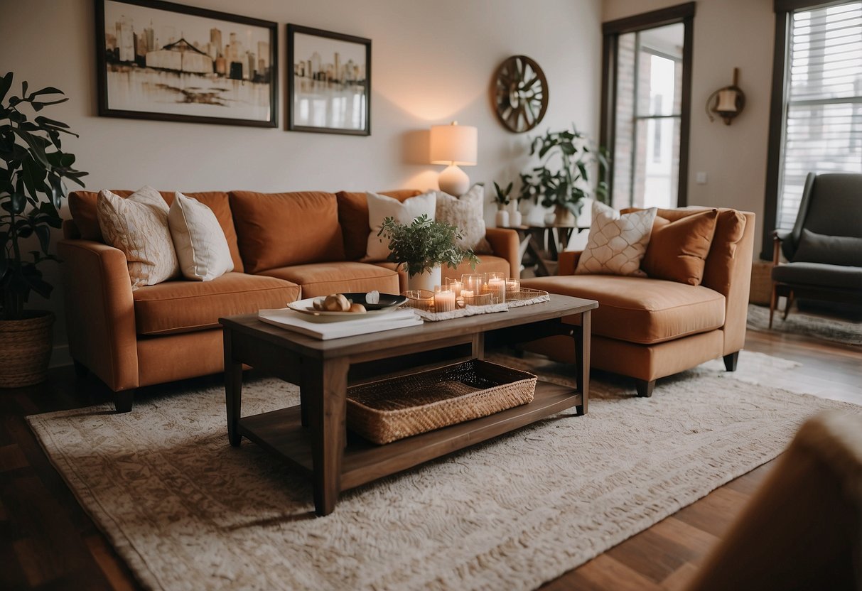 A cozy living room with a warm color scheme, plush couches, and personalized decor celebrating the husband's interests and achievements