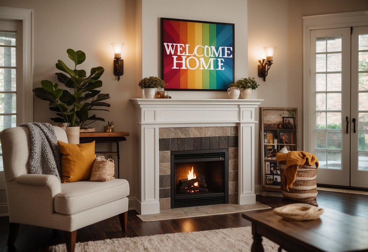 A colorful 'Welcome Home' banner hangs above a cozy living room fireplace, surrounded by framed family photos and warm decor