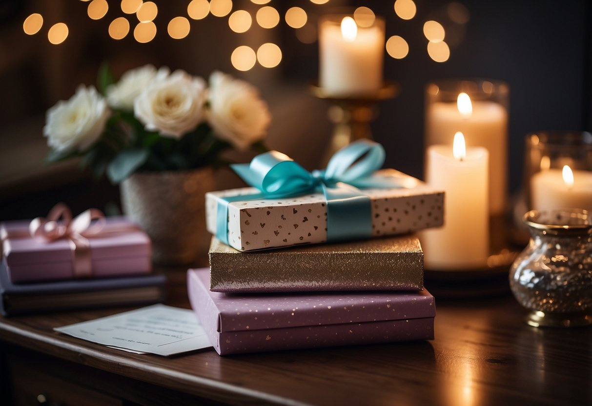 A stack of love letters tied with a ribbon, surrounded by home decor items like candles, flowers, and framed photos