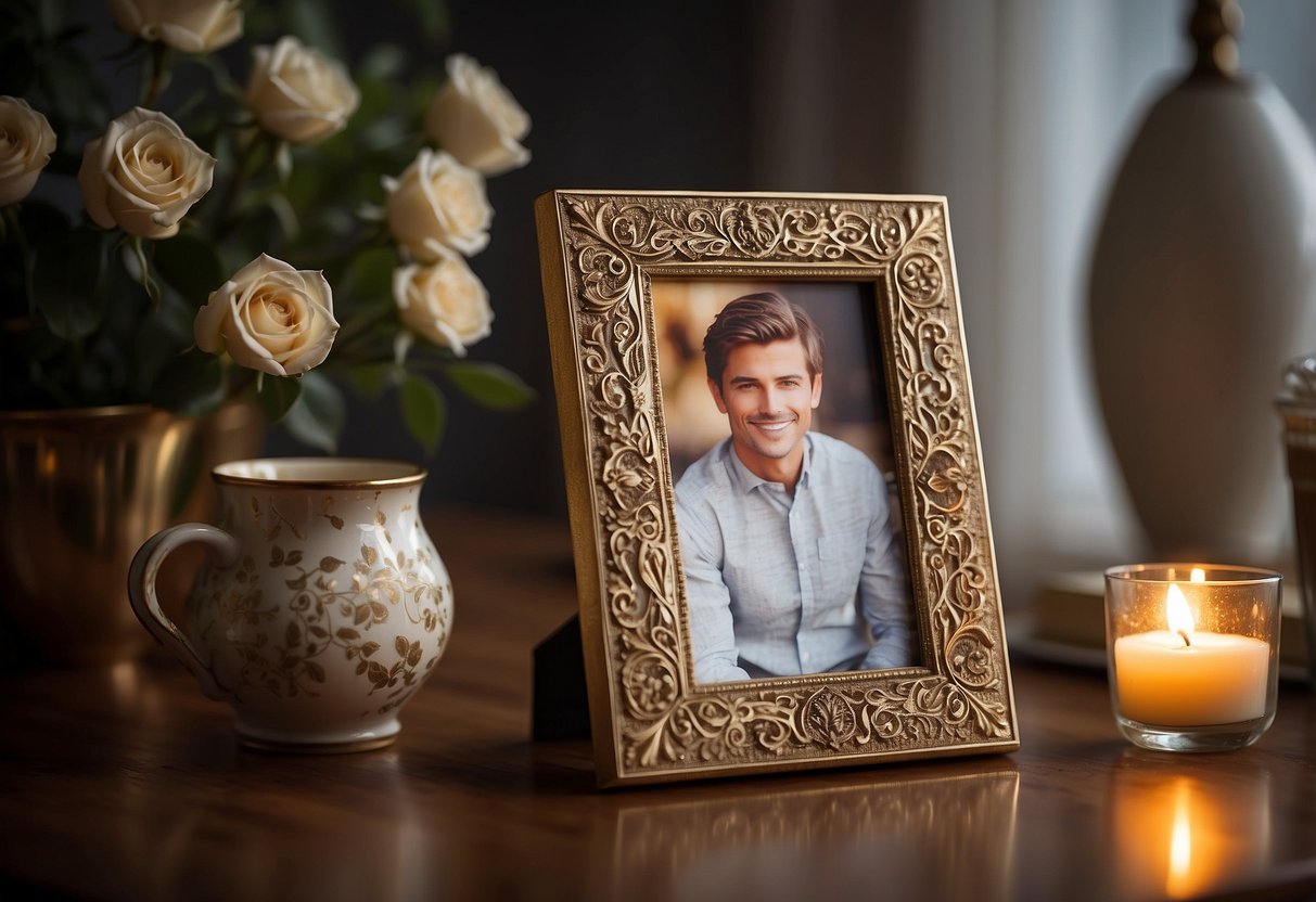 A custom photo frame sits on a table, filled with cherished memories. The frame is surrounded by decorative elements, creating a warm and welcoming atmosphere for a husband returning home