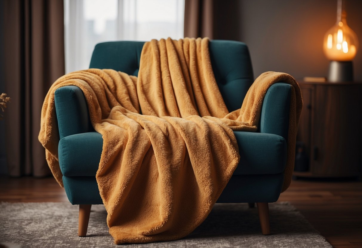 A soft throw blanket in his favorite color draped over a cozy armchair, surrounded by warm, inviting decor