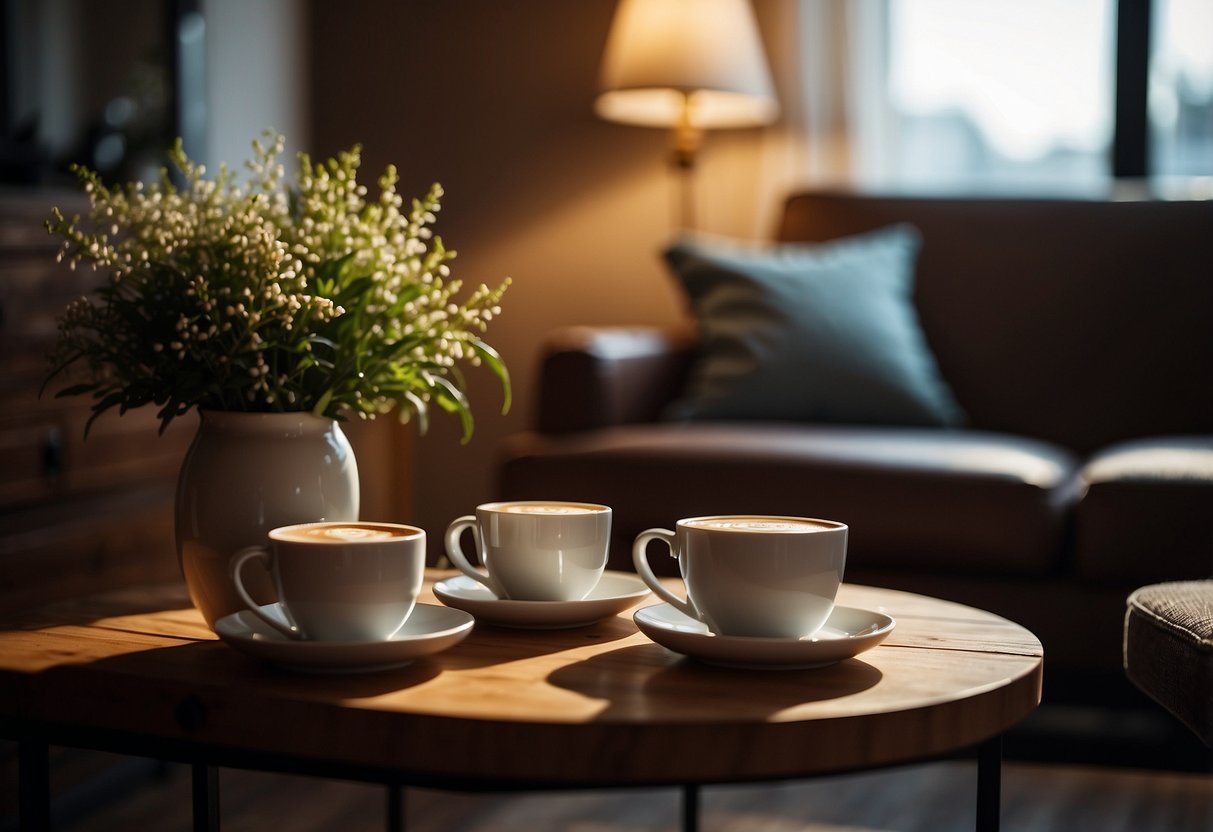 A cozy living room with a neatly arranged coffee or tea set on a wooden table, surrounded by warm lighting and comfortable seating