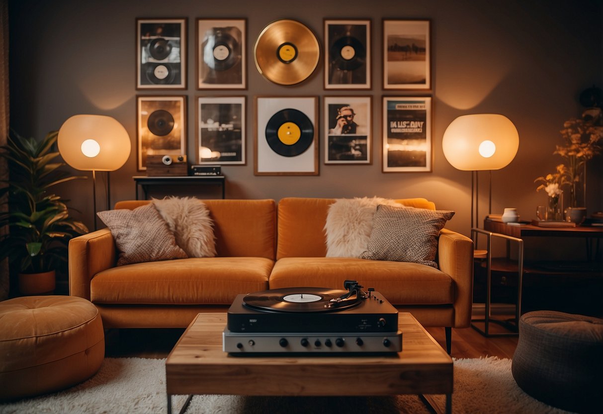 A cozy living room with a warm color scheme, soft lighting, and a record player surrounded by framed vinyl album covers