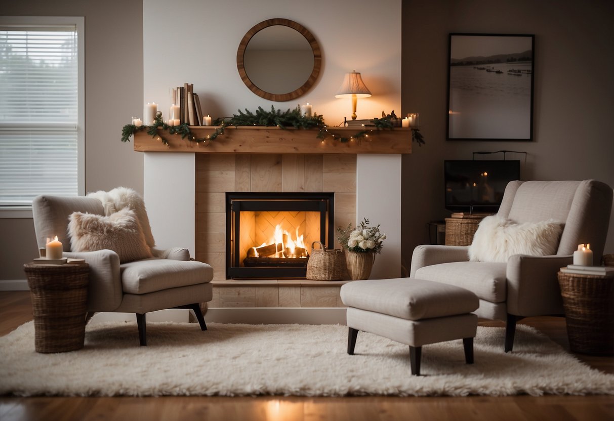 A cozy living room with soft, warm lighting, a crackling fireplace, and inviting decor. A comfortable armchair and a plush rug complete the scene