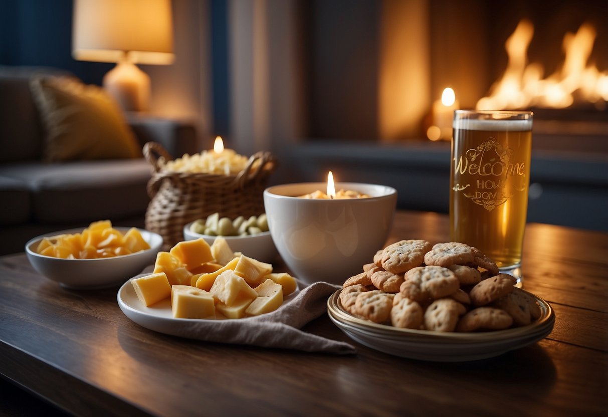 A cozy living room with warm lighting, a "Welcome Home" banner, and a table set with his favorite snacks and drinks