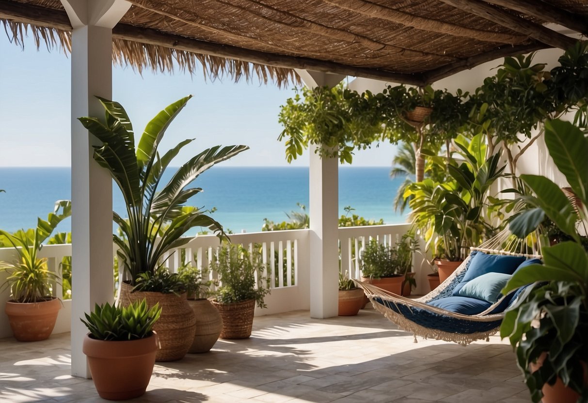 A beachfront villa with white-washed walls, blue accents, and natural textures. A hammock sways in the breeze, while potted plants line the outdoor terrace