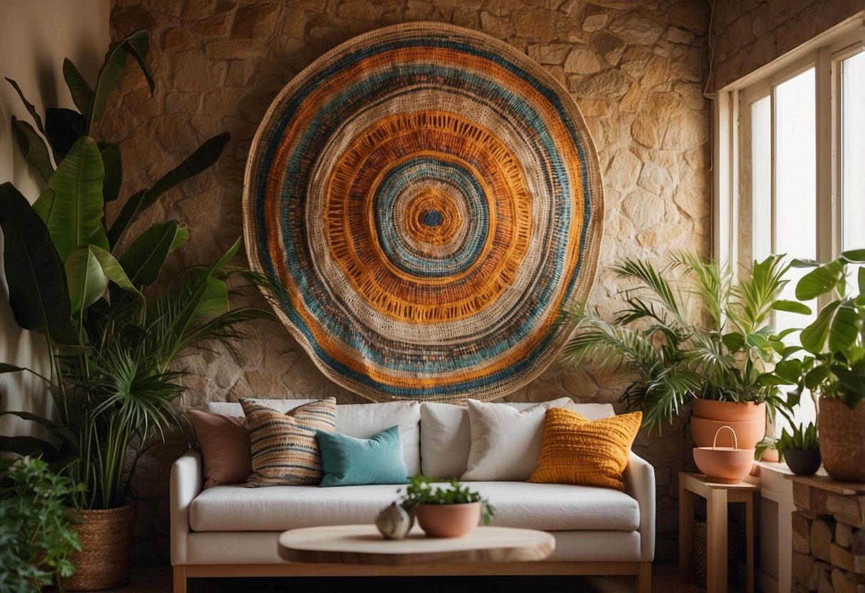 A colorful woven wall art piece hangs in a sunlit room, surrounded by plants and natural textures. The decor exudes a bohemian vibe, perfect for an Ibiza or Mykonos-inspired home