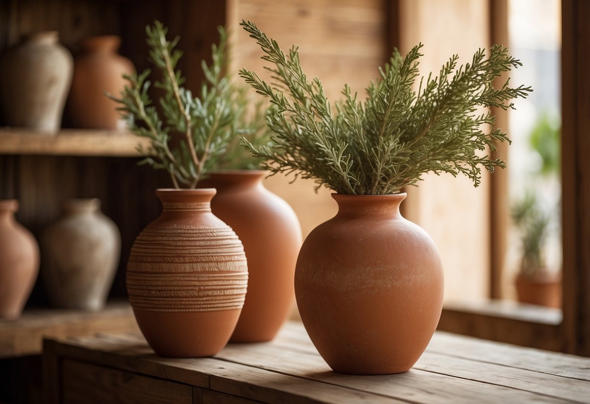 Two terracotta vases sit on a rustic wooden shelf, surrounded by Mediterranean-inspired home decor. The warm, earthy tones of the vases complement the natural textures and colors of the room