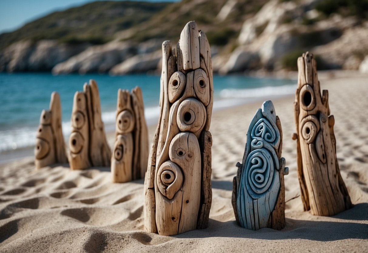 Driftwood sculptures arranged on a sandy beach with clear blue waters in the background. Ibiza and Mykonos inspired home decor ideas