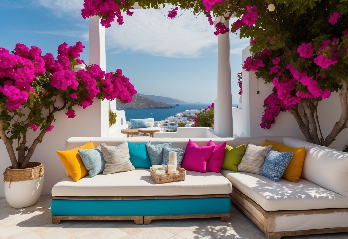 Vibrant Mykonos-inspired cushions arranged on a cozy outdoor seating area with a view of the Aegean Sea. White-washed walls and colorful bougainvillea add a touch of Mediterranean charm