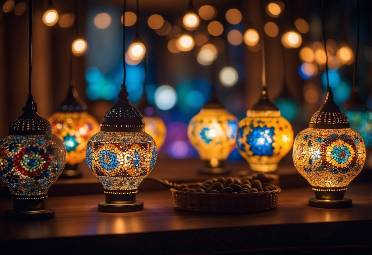 A cozy living room with Turkish mosaic lamps casting colorful patterns on the walls. Ibiza and Mykonos-inspired decor creates a serene and exotic ambiance