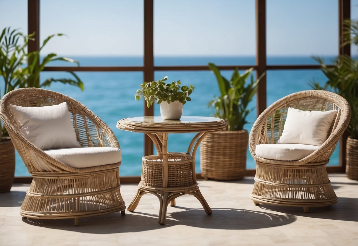 Whitewashed rattan furniture arranged in a sunlit room with coastal decor accents