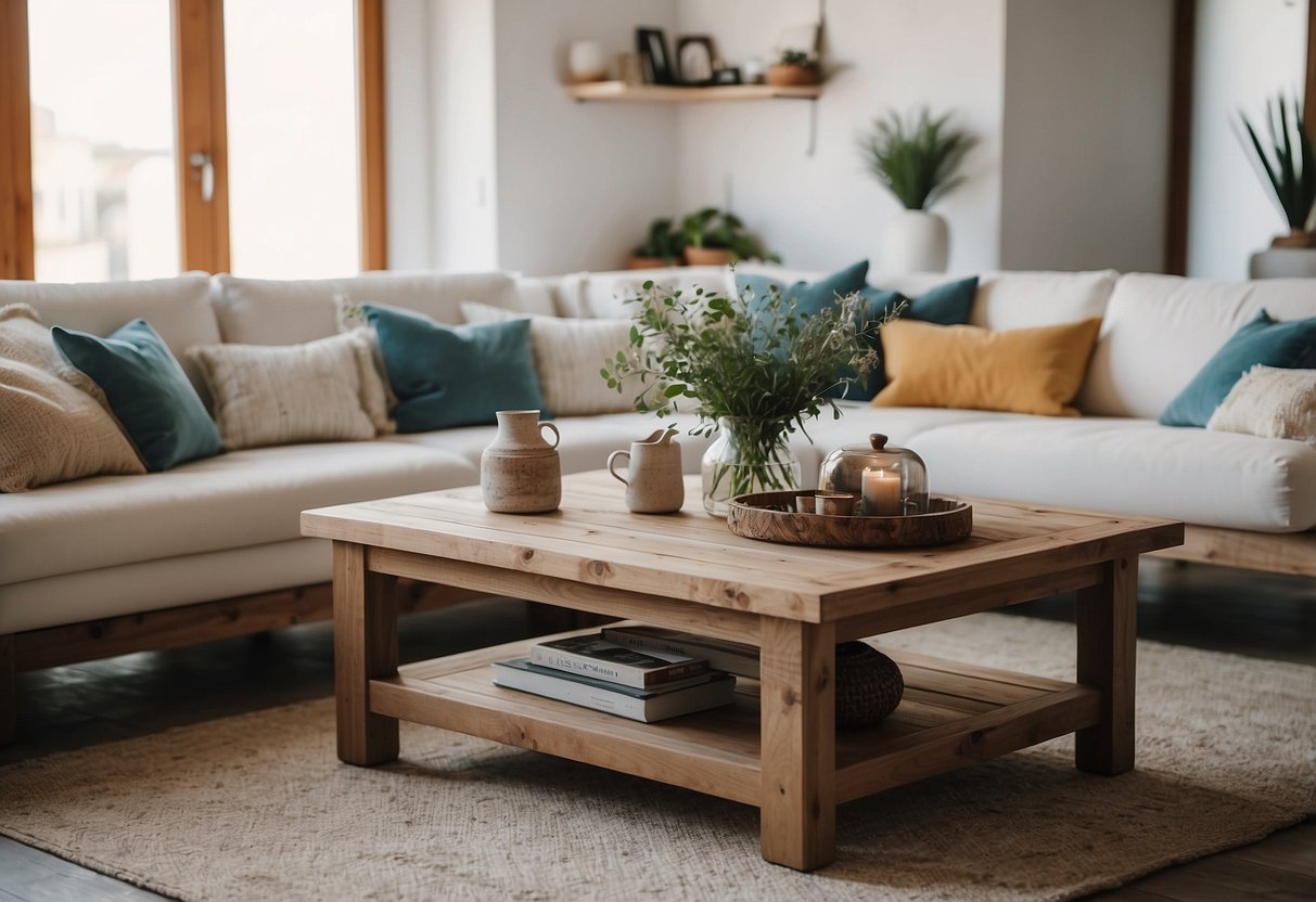 Two rustic wooden coffee tables sit in a cozy living room, adorned with Ibiza and Mykonos home decor accents