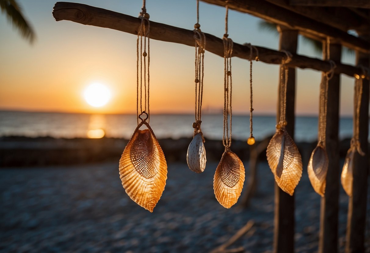 Colorful seashell wind chimes hang from a rustic wooden beam, swaying gently in the breeze. The sun sets over the ocean, casting a warm glow on the Ibiza and Mykonos-inspired decor