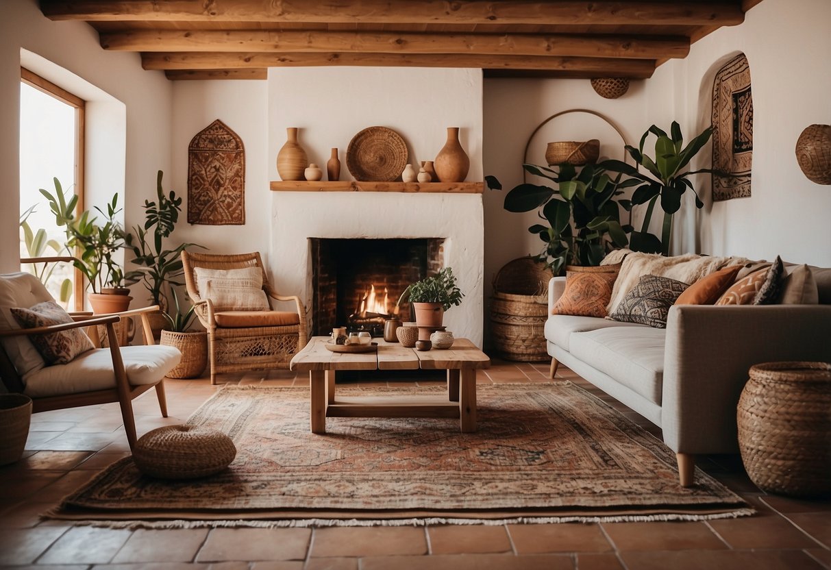 A cozy living room with vintage Moroccan rugs, warm earthy tones, and bohemian decor. Ibiza and Mykonos-inspired accents complete the inviting space