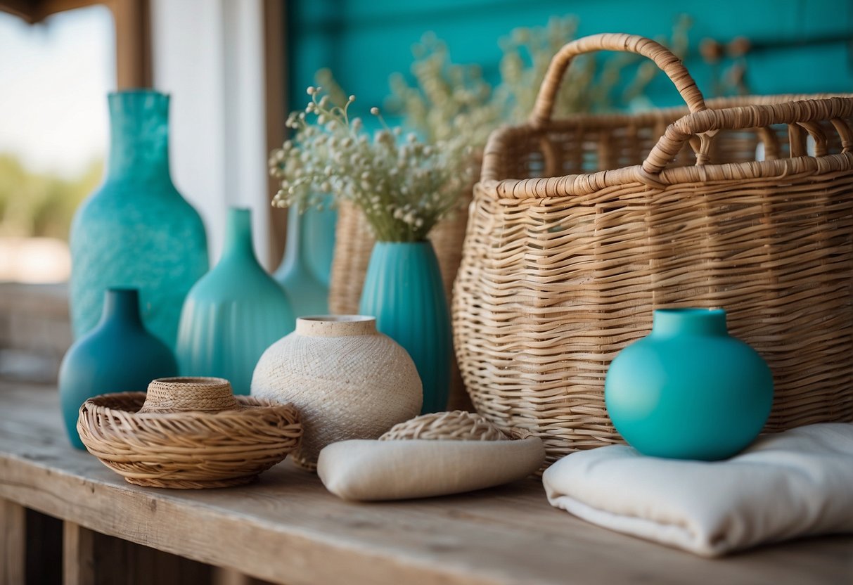 A vibrant color palette of turquoise, white, and sandy beige complements the textured elements of weathered wood, woven rattan, and sun-bleached linen in a coastal-inspired Ibiza and Mykonos home decor scene