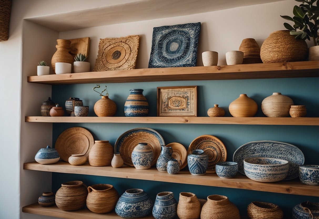 A colorful display of local art and handmade crafts adorns the walls and shelves of a cozy Ibiza and Mykonos-inspired home