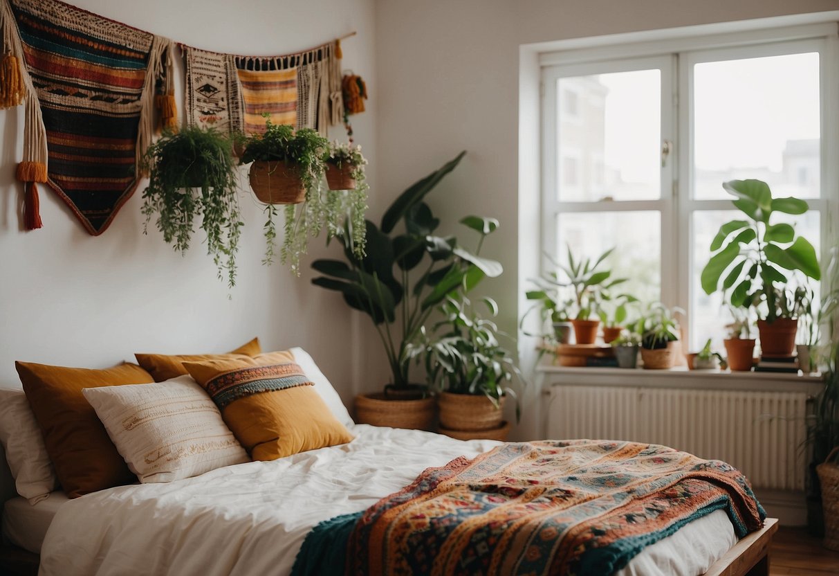 A cozy bedroom with white walls, colorful bohemian tapestries, and vibrant throw pillows. A hanging macramé plant holder adds a touch of nature, while string lights create a warm and inviting atmosphere