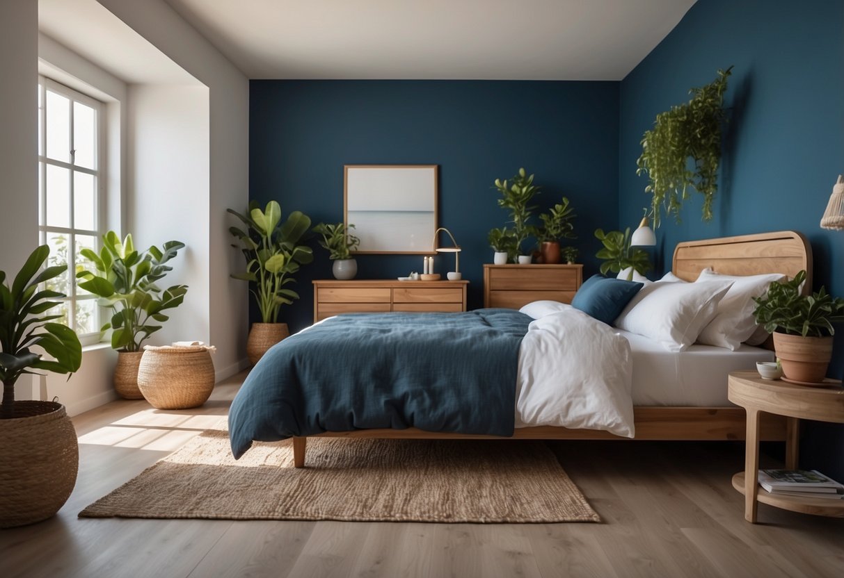 A cozy bedroom with Mediterranean blue accent walls, white linens, and natural wood furniture. The room is filled with natural light, and a potted plant adds a touch of greenery