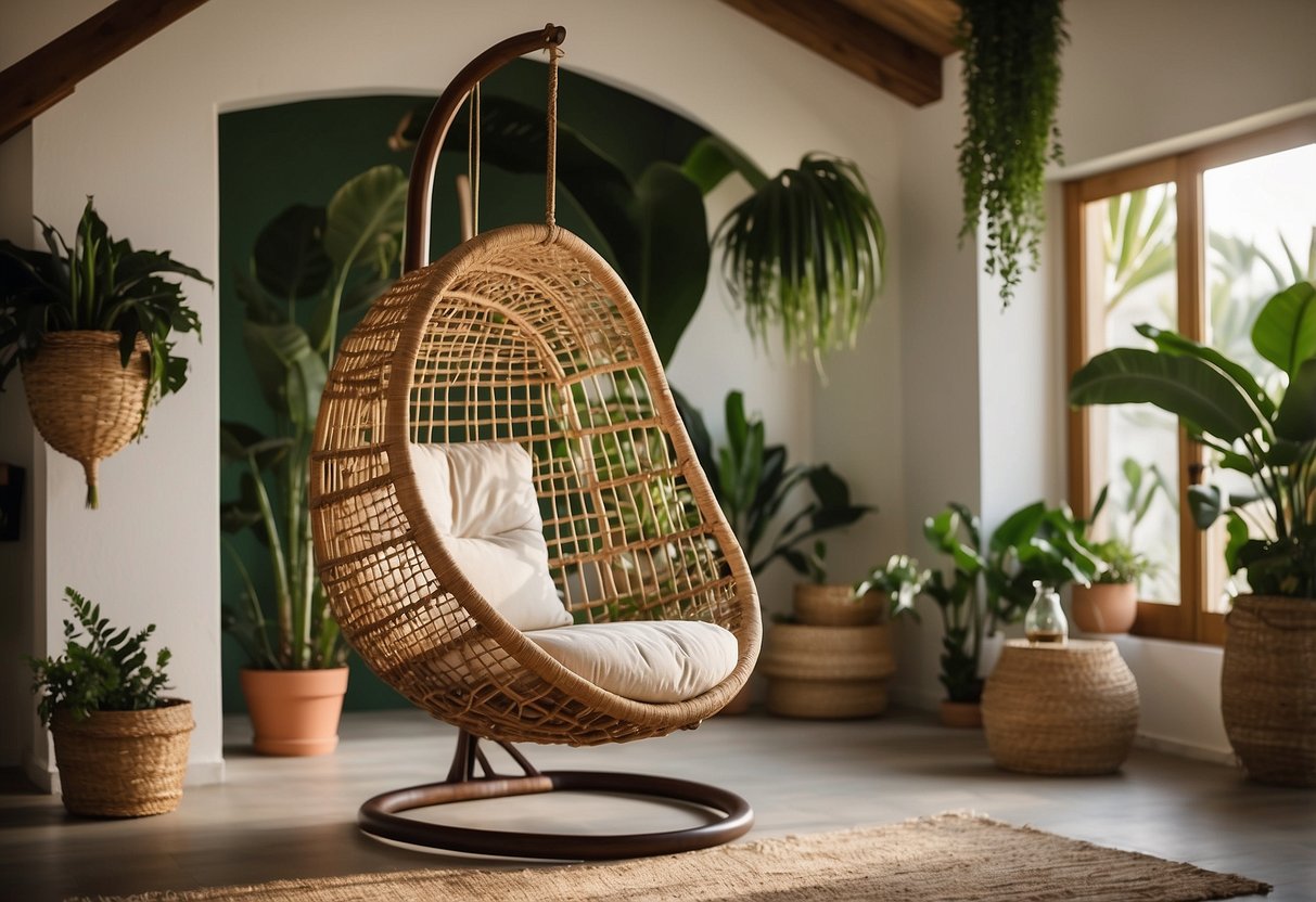 A rattan hanging chair suspended in a cozy Ibiza-inspired bedroom, with colorful textiles and lush green plants adding a bohemian touch to the home decor