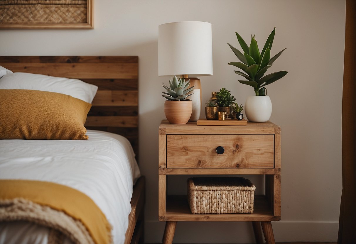 Two rustic wooden bedside tables in an Ibiza bedroom, adorned with decorative items and surrounded by bohemian decor