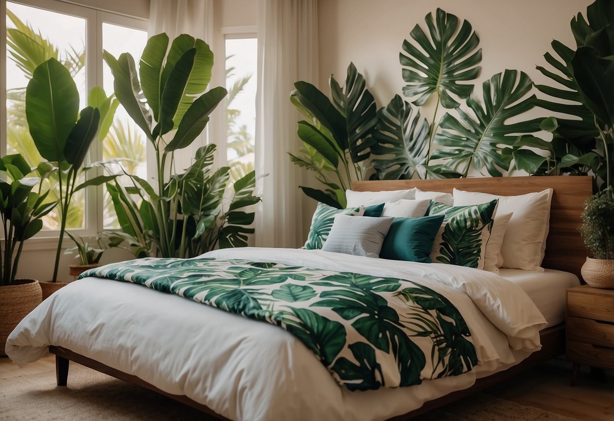 A cozy bedroom with vibrant tropical leaf patterned bedding, adding a touch of Ibiza-inspired decor to the room