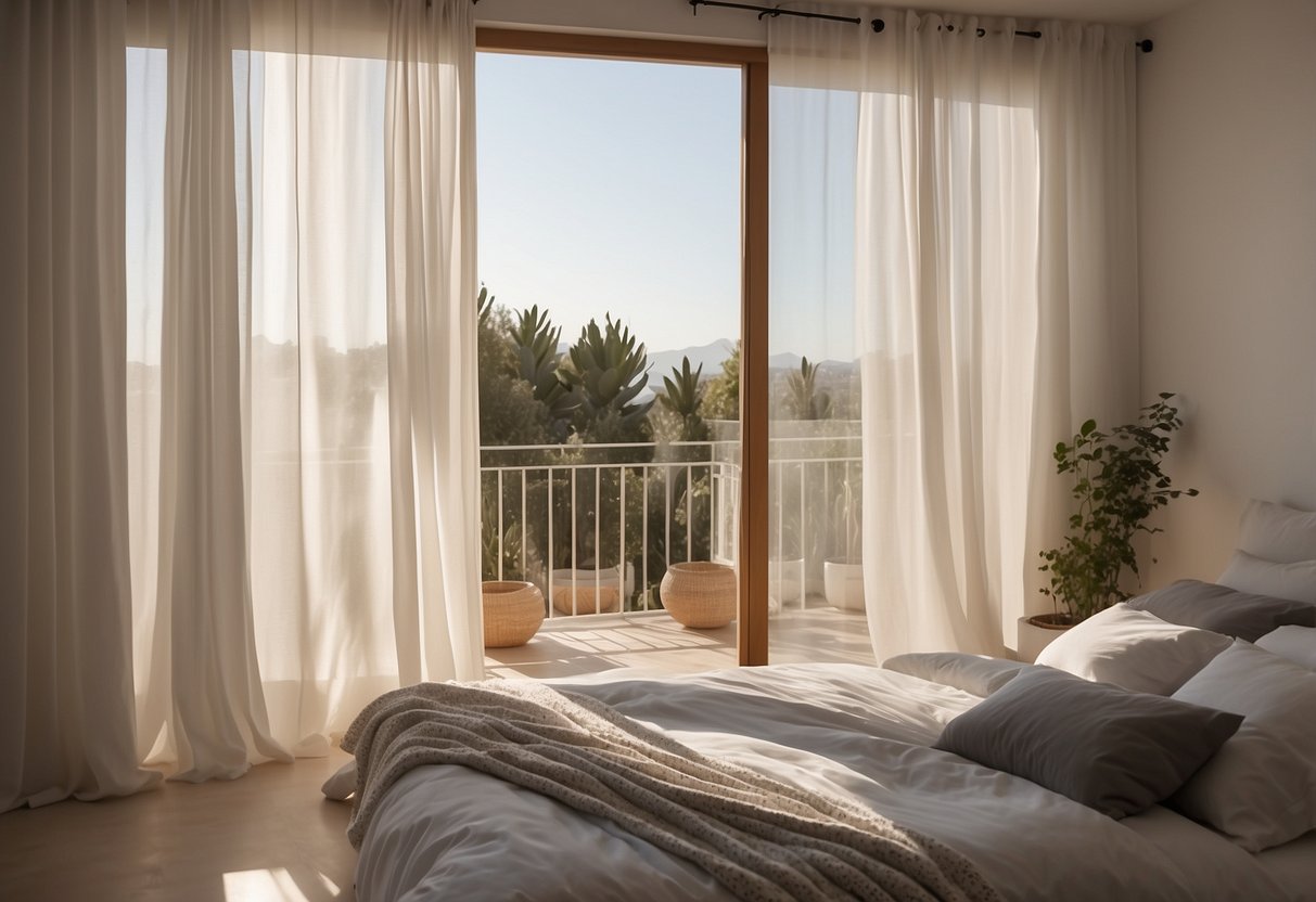 Sunlight filters through white sheer curtains in a serene Ibiza bedroom, creating a soft and dreamy atmosphere for home decor