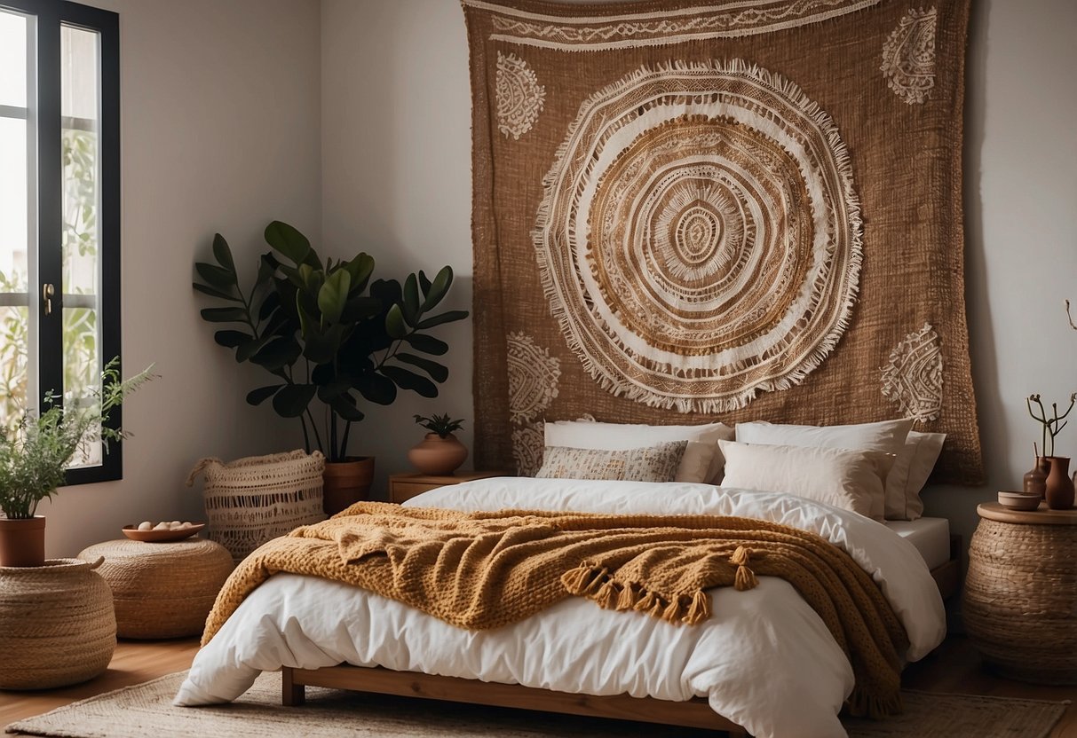 A cozy bedroom with a large woven wall hanging as the focal point, adding a touch of bohemian charm to the Ibiza-inspired home decor