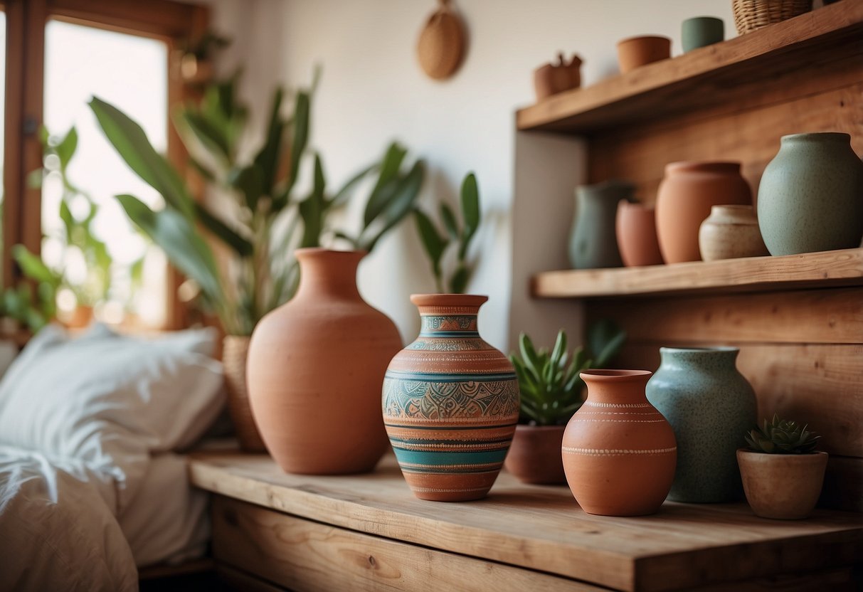 A terracotta pottery vase sits on a rustic wooden shelf in a cozy Ibiza-inspired bedroom, surrounded by colorful textiles and natural accents