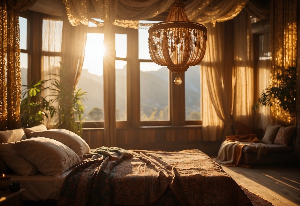 The room is bathed in warm, golden light, streaming in from large windows. The walls are adorned with colorful tapestries and the bed is draped in flowing, sheer fabric. A bohemian-style chandelier hangs from the ceiling, casting