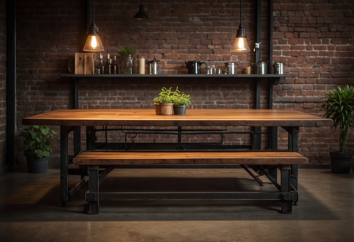 A rustic wooden table with metal accents, surrounded by exposed brick walls and industrial lighting fixtures. A vintage leather sofa and metal shelves complete the industrial home decor