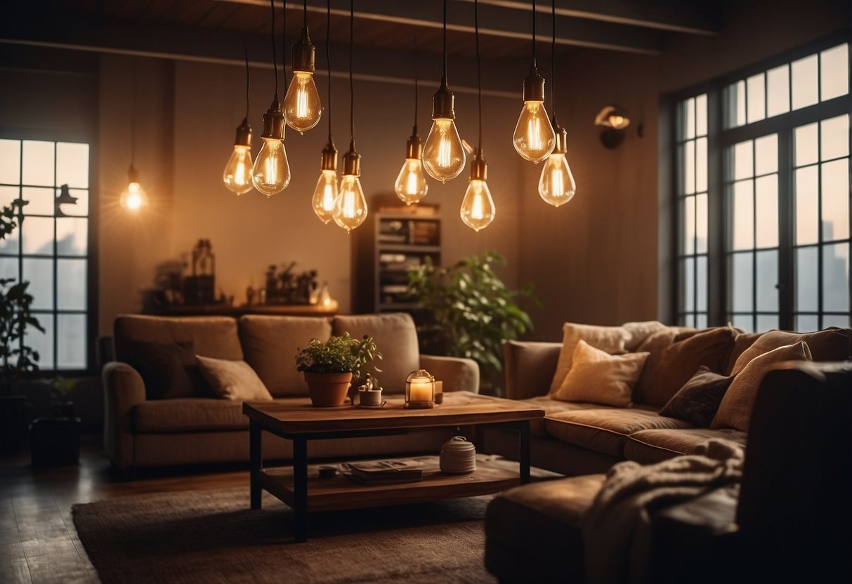 A cozy living room with vintage Edison bulb lamps hanging from the ceiling, casting a warm and inviting glow over industrial home decor elements