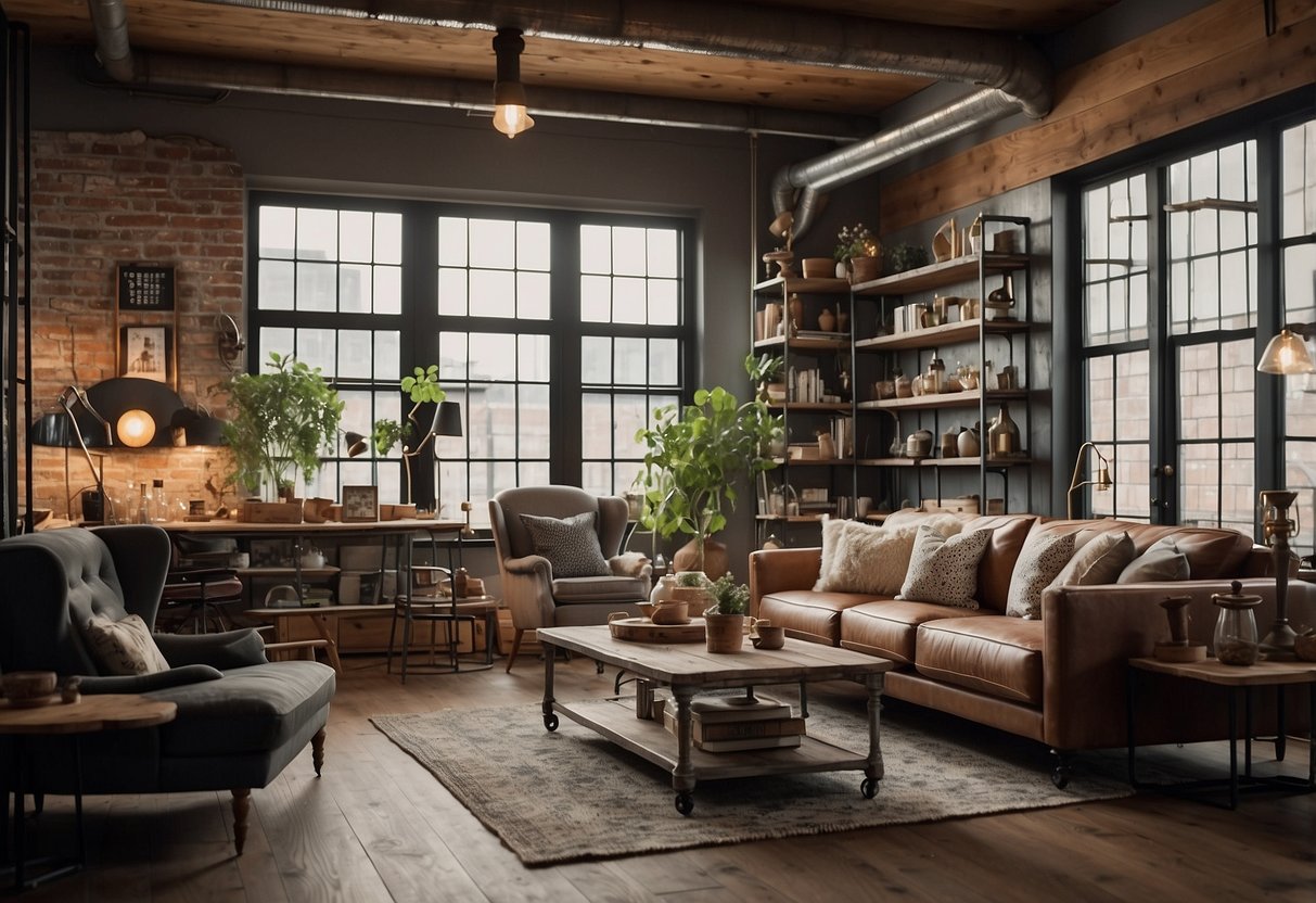 A living room with galvanized steel shelving, adorned with industrial decor such as exposed pipes, Edison light bulbs, and distressed wood accents