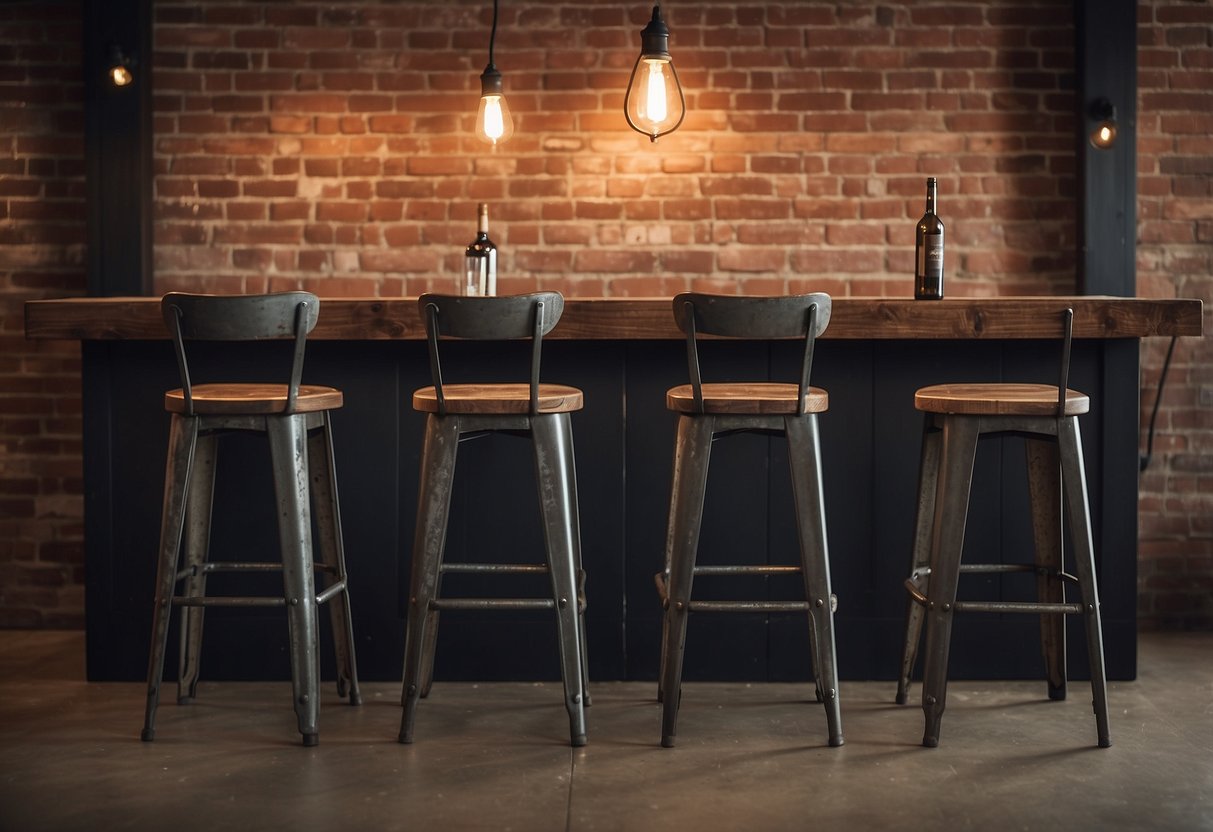 Three distressed metal bar stools against a rustic wooden bar, surrounded by exposed brick walls and industrial lighting