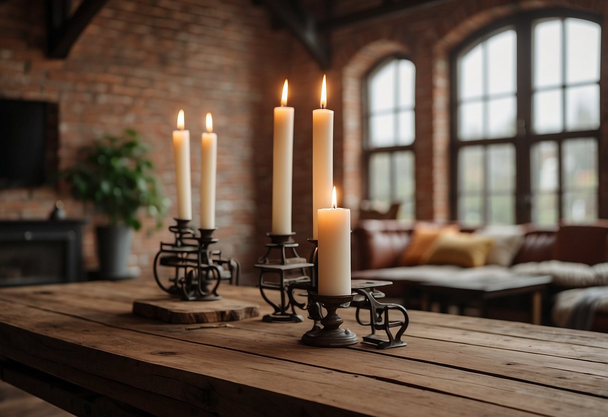 A rustic living room with exposed brick walls and wooden beams, featuring a set of wrought iron candle holders on a distressed wooden table