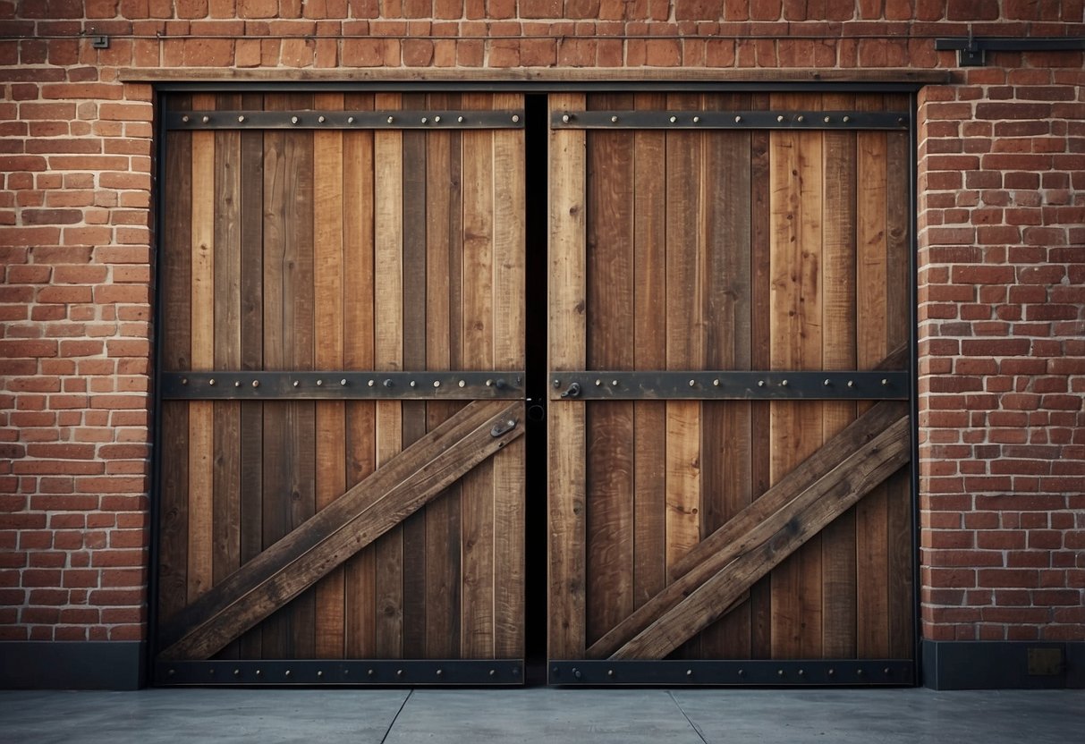 A weathered, wooden sliding barn door stands against a backdrop of exposed brick and metal accents, adding a touch of rustic charm to the industrial home decor