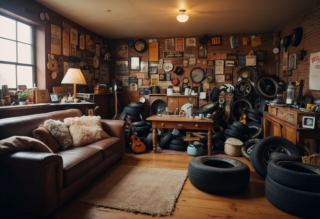 A cluttered room with mismatched furniture and random objects used as decor, such as old tires repurposed as coffee tables and vintage signs hanging on the walls