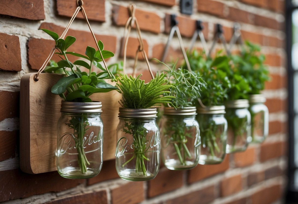 Mason jars filled with vibrant plants hang from a wooden plank against a brick wall, adding a touch of green to the rustic home decor