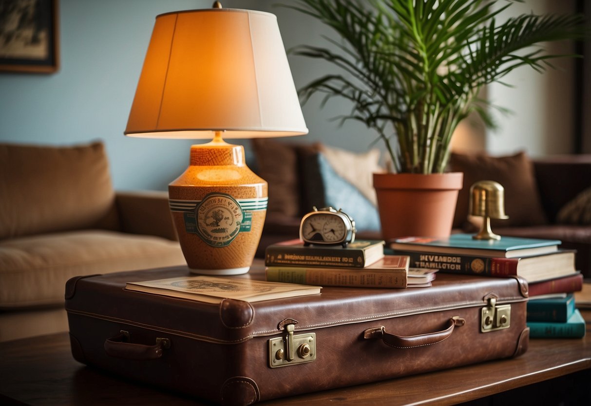 A vintage suitcase serves as a coffee table, adorned with travel stickers and a stack of books. A potted plant and a retro lamp complete the eclectic home decor