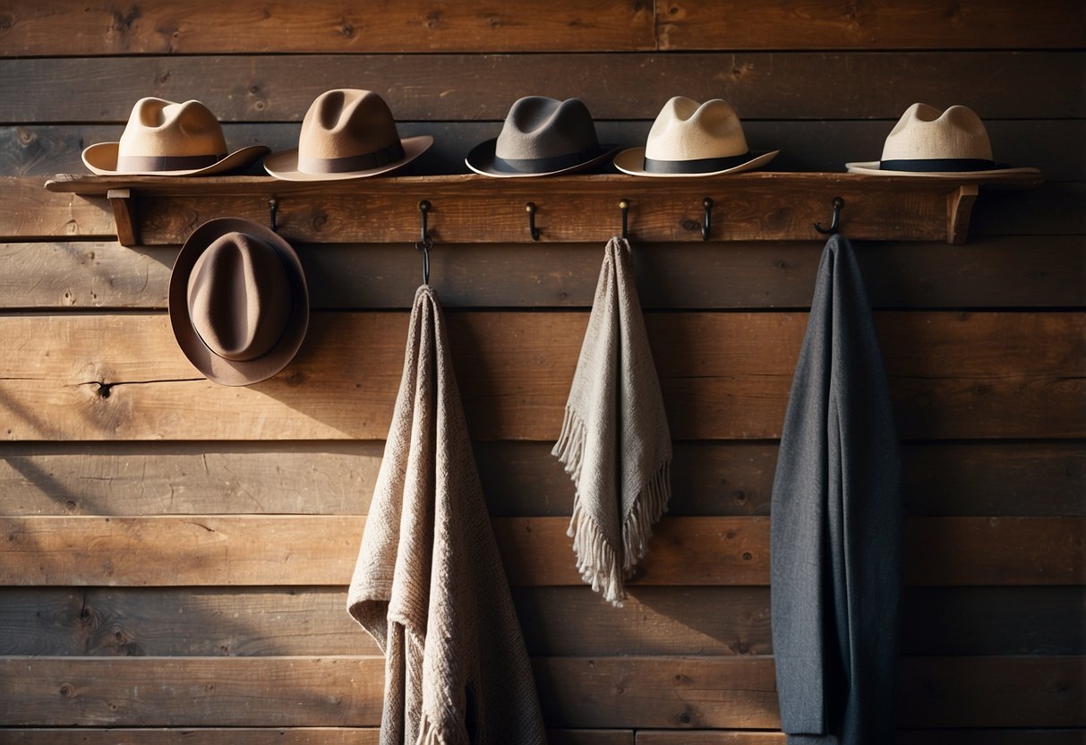 A rustic driftwood coat rack hangs on a weathered wall, adorned with hats and scarves. Sunlight streams through a nearby window, casting warm shadows on the textured wood