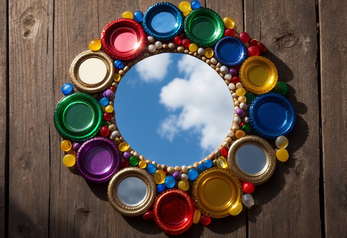 A mirror frame made of various colored bottle caps arranged in a circular pattern, mounted on a weathered wooden board