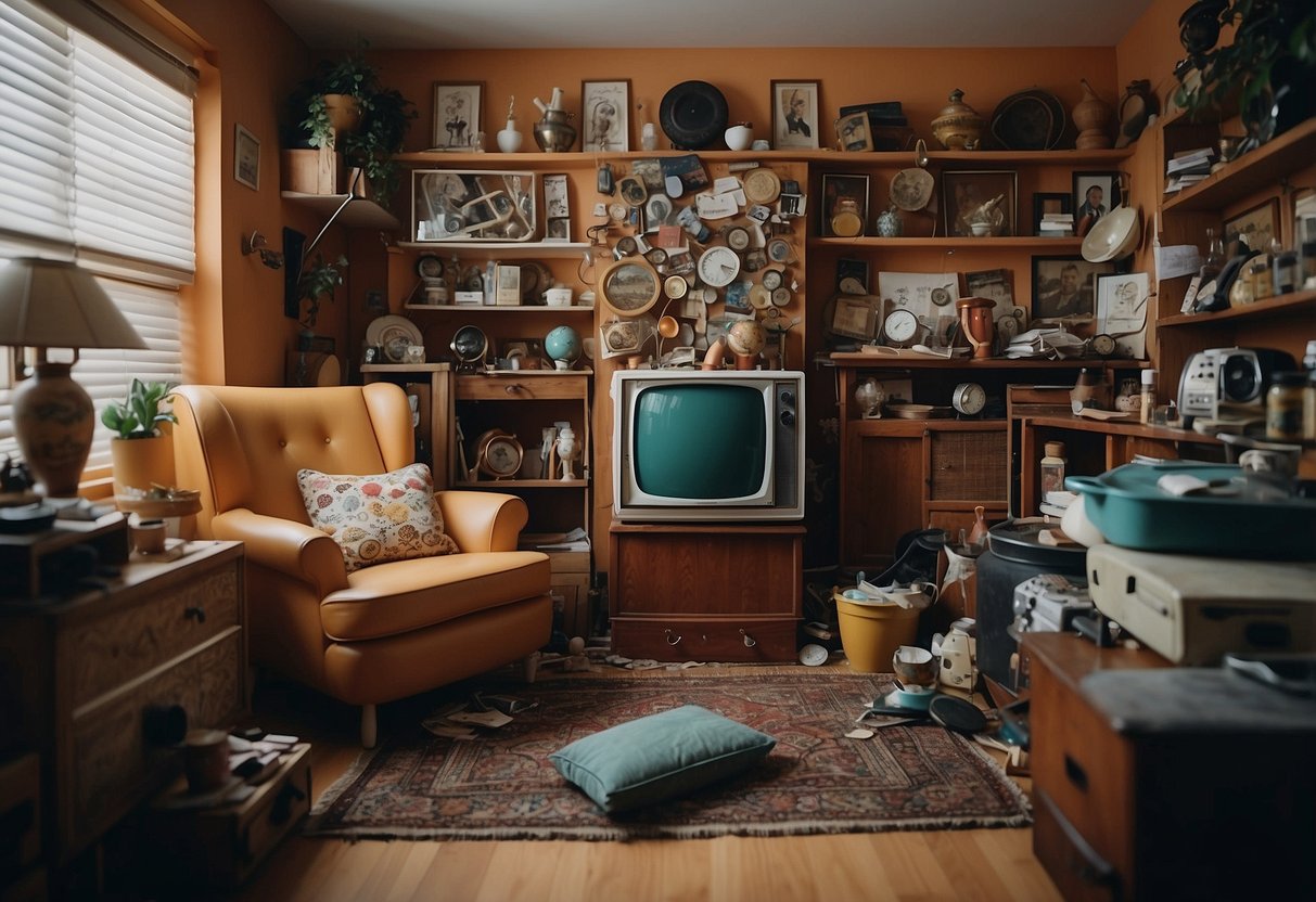 A cluttered room with mismatched furniture, eclectic wall art, and vintage knick-knacks. Different styles clash in a chaotic yet intriguing display of junk home decor