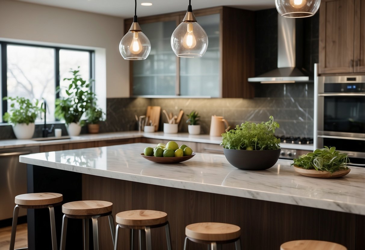 A sleek, minimalist kitchen with marble countertops, stainless steel appliances, and a large island with bar stools. Glass pendant lights and potted herbs add a touch of greenery