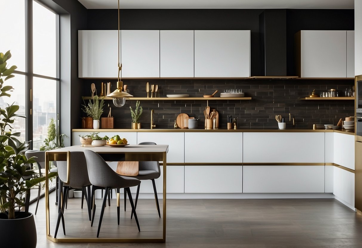 A sleek, modern kitchen with brass hardware accents and minimalist decor