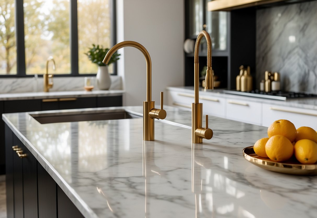 A sleek, white marble countertop with gold accents, surrounded by minimalist, modern kitchen decor