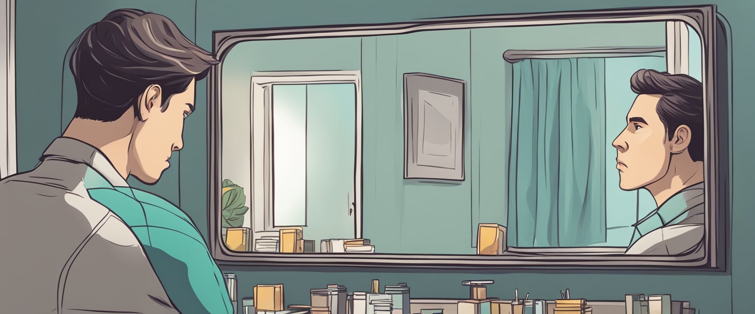 A mirror reflecting a person's expression as they contemplate their thoughts and emotions