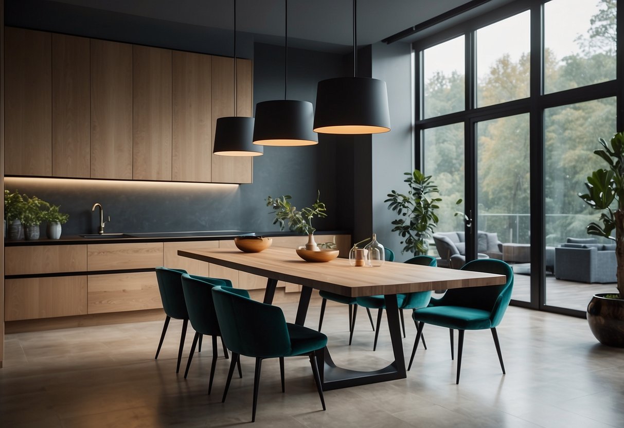 A modern kitchen dining room with a sleek table, minimalist chairs, pendant lighting, and a pop of color in the decor