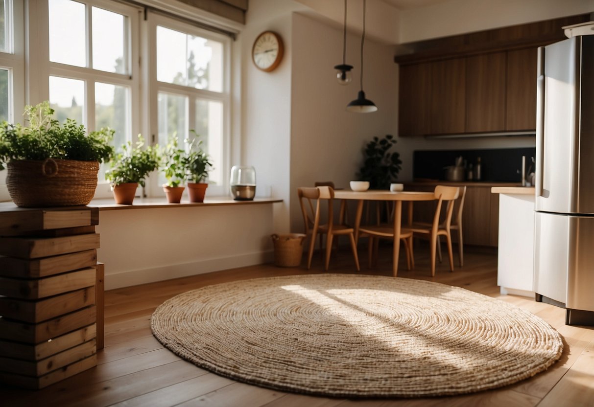 A handwoven jute rug lies in a sunlit kitchen-dining room, adding warmth and texture to the space. It complements the natural, earthy decor, creating a cozy and inviting atmosphere