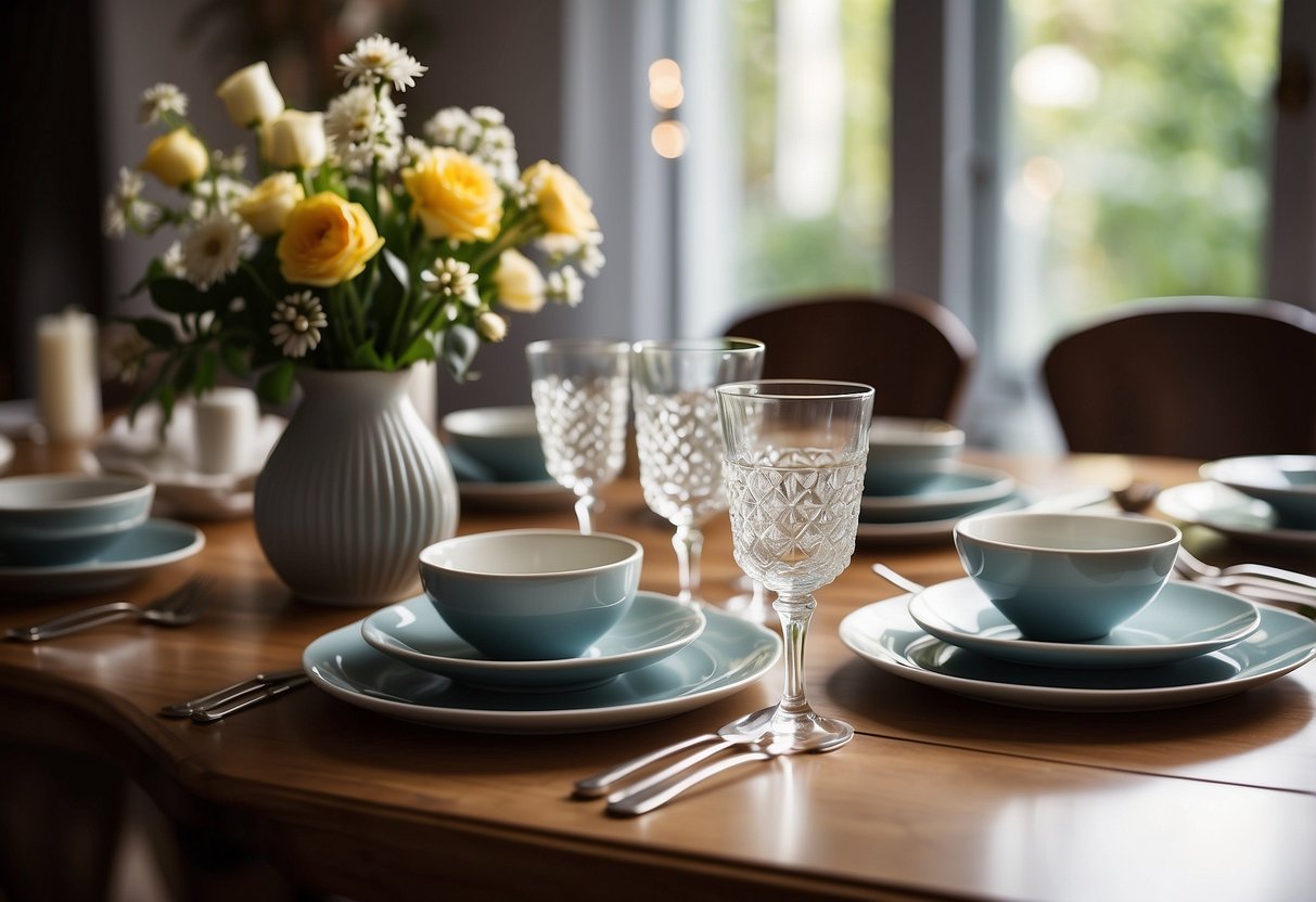 A ceramic dinnerware set is arranged on a wooden dining table, surrounded by elegant glassware and a vase of fresh flowers. The warm, inviting atmosphere of the dining room creates a cozy and stylish home decor setting