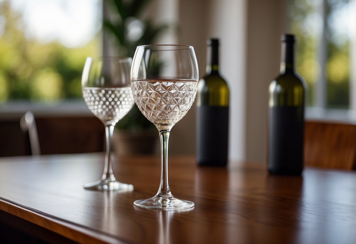 A crystal wine glass set sits on a polished wooden table in a cozy dining room, surrounded by elegant home decor